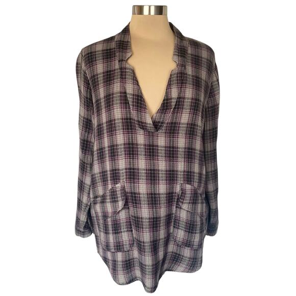 Natural Life Cotton Flannel Tunic Top Purple Gray Plaid Size MEDIUM Pockets Boho - Picture 1 of 9